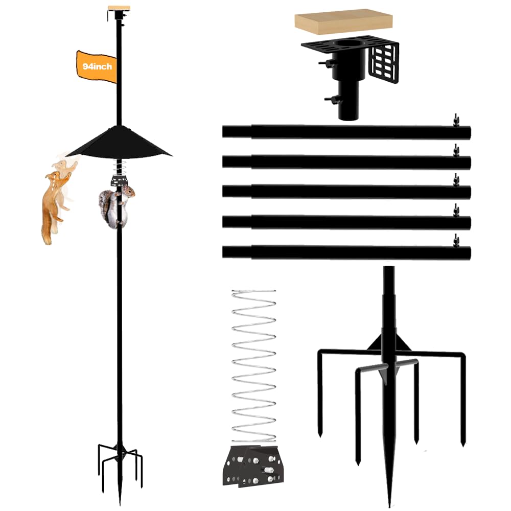 Smart Bird Feeder Pole With Metal Squirrel Baffle,94 Inches Bird House Poles For Outdoors,1-Inch Dia Heavy-Duty Pole For Bird Feeder,Squirrel Proof Baffle with Stainless Steel Spring for Defense.
