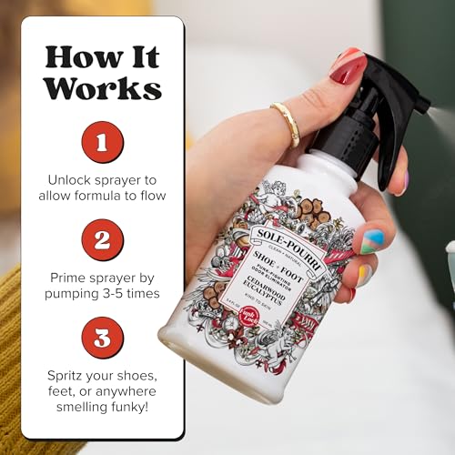 Sole-Pourri Shoe Deodorizer + Foot Spray, 3.4 Fl Oz, Up to 150 Uses, Funk-Fighting Odor Freshener with Essential Oils, for Smelly Shoes, Feet & Gym Bags, Cedarwood & Eucalyptus Scent - size: 1 Ounce (Pack of 1), style: Cedarwood Eucalyptus
