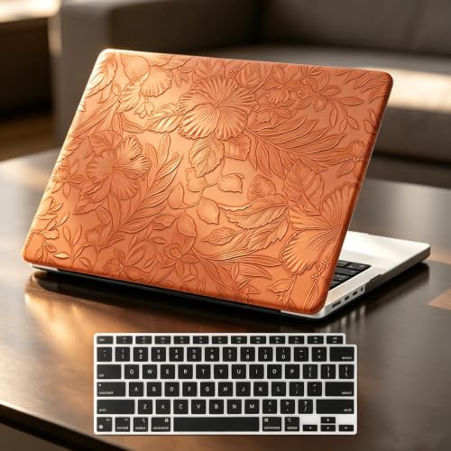 Floral Case for MacBook Pro 14 inch M5 2026-2021 M4 M3 M2 M1 Pro Max, Brown | Vintage Flowers Textured Leather Hard Case+Keyboard Cover, Model A3426 A3427 A3434 A3112 A3185 A3401 A2918 A2992 A2779 A2442 - color: #2 Saddle Brown