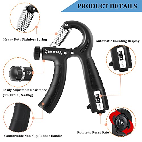 Grip Strength Trainer with Counter 2 Pack, Hand Grip Strengthener with Adjustable Resistance 11-132Lbs, Hand Grip Exerciser Strengthener, Non-Slip Hand Gripper, Forearm Workout Equipment, Perfect for