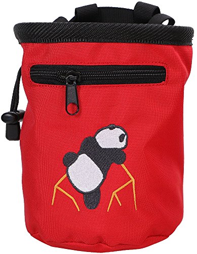 AMC Rock Climbing Panda Embroidered Chalk Bag with Zipper Pocket - color: Red