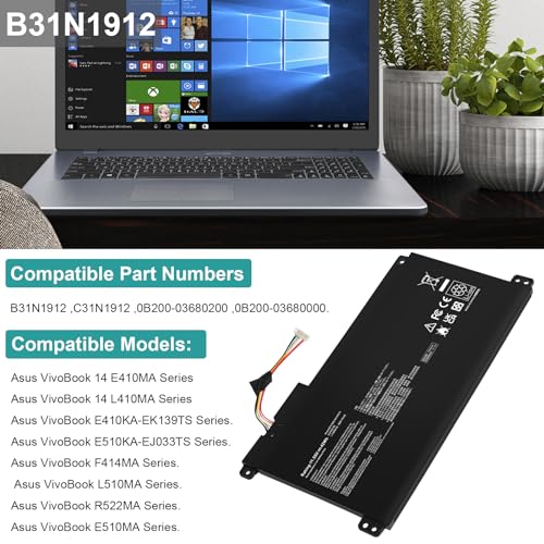 B31N1912 C31N1912 Battery for Asus VivoBook 14 E410M E410MA L410M L410MA E410KA E510MA E510KA F414MA L510MA R522MA E410MA-EK007TS EK087T E410MA-EK991TS E410MA-EK026TS 0B200-03680000 3ICP5/57/80 - size: 7.50*3.86*0.23inch