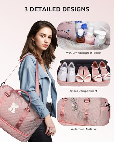 Birthday Gifts for Women-Letter Duffle Bag with Shoe Compartment | Personalized Weekender Bag, Overnight Bags for Women with Trolley Sleeve & Wet Pocket, Travel Bags with Makeup Bag (Letter D) - color: Pink, style: D