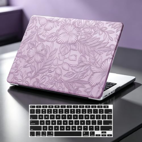 Floral Case for MacBook Pro 14 inch M5 2026-2021 M4 M3 M2 M1 Pro Max, Lilac | Vintage Flowers Textured Leather Hard Case+Keyboard Cover, Model A3426 A3427 A3434 A3112 A3185 A3401 A2918 A2992 A2779 A2442 - color: #2 Lilac