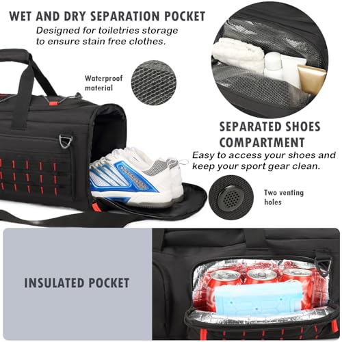 50L Tactical Gym Bag for Men and Women with Shoe & Laptop Compartment | Extra Large Duffle Bag, 3-in-1 Travel Sports Duffel Bags MOLLE Weekender Overnight Bag for Gym, Travel, Black+Red - color: Black+Red