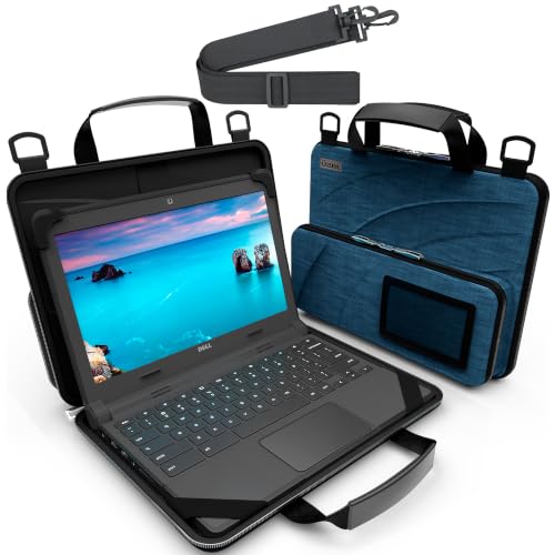 13-14 Inch Always-on Chromebook Protective Hard Case with Accessory Pouch and Adjustable Shoulder Strap - color: Deep Blue