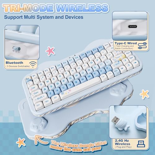 YUNZII C75 Cute 75% Wireless Mechanical Keyboard (Blue, Milk V2 Switch) | Creamy Cake Keyboard, BT5.0/2.4G/USB-C, Hot-Swap, NKRO, PBT MOA Keycaps,5500mAh RGB Gasket Mount for Mac/Win/Gaming/Office - color: Blue, size: Milk V2 Switch