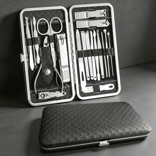 19 Pcs Stainless Steel Manicure Pedicure Kit - Professional Nail Clippers Set with Travel Case, Nail Care Grooming Tools for Men Women Fingernail Toenail Cutters Birthday Fathers Day Gifts - color: Black