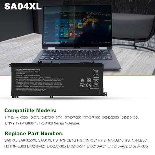 SA04XL SAO4XL Battery for HP Envy X360 15m-ds0011dx 15m-dr0012dx 15m-dr0011dx 15m-ds0xxx 15m-dr0xxx 15t-dr100 15m-dr1xxx 17t-cg100 17-cg100 15M-DR 15M-DS SA04055XL L43267-005 L43248-AC2 HSTNN-OB1F - size: 10.04*3.94*0.2inch