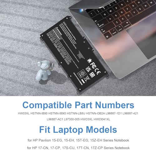HW03XL Laptop Battery for HP Pavilion 15-EG 15-EG1025CL 15-EG1053CL 15-EH 15-EH1254NG 17-CN 17-CN0065CL 17-CN0023DX 17-CN0053CL 15T-EG 15Z-EH 17-CP 17S-CU 17T-CN 17Z-CP Series L97300-005 HSTNN-IB90 - size: HW03XL 8.94*4.96*0.71 in