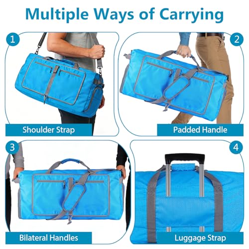 60L Duffle Bag with Shoes Compartment - Foldable&Large Capacity Travel Duffel Bags, Lightweight & Water-Resistant Gym Bag - Light Blue - color: 60L-Light Blue