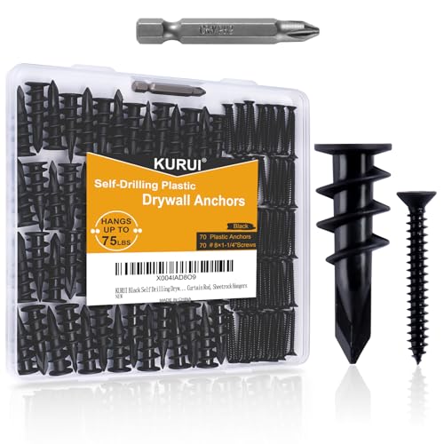 140PCs #8 Self Drilling Drywall Anchors, Heavy Duty Dry Wall Anchors and Flat Head Screws Kit, 75LB Hanging for Picture Frames, Wall Decor Art and Curtain Rods, Sheetrock Hangers - Black