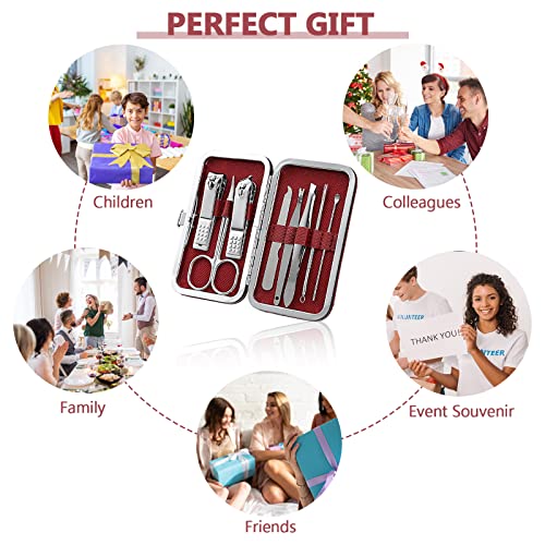 Geosar 12 Sets Manicure Set Nail Clippers Pedicure Kit 8 in 1 Grooming Stainless Steel Kits Nail Care Tools with Travel Case for Employee Coworker Teachers Nurse Gifts(Wine Red) - color: Wine Red