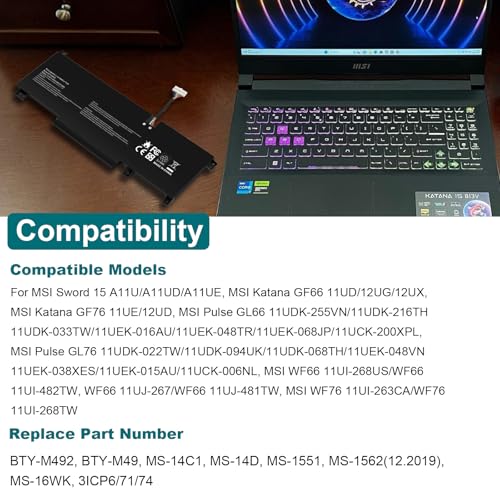 ASUNCELL BTY-M492 Laptop Battery Replacement for MSI WF66 WF76 11UI 11UJ Katana GF66 11UD 12UG 12UX GF76 11UE 12UD Crosshair 15 17 A11UCK A11UDK A11UEK Sword 15 A11U A11UD A11UE Pulse GL66 GL76 7506 - size: BTY-M492 8.94 × 4.96 × 0.71 in
