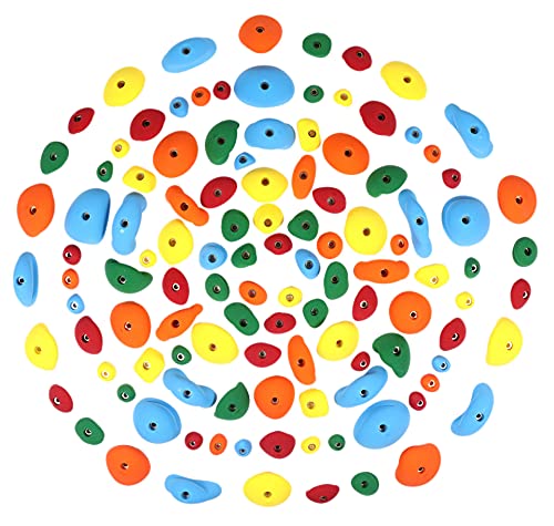 Atomik Rock Climbing Holds Set of 115 Bolt-On Steep Wall Style Slopers, Jugs, Pinches, and Crimps in Assorted Bright Tones