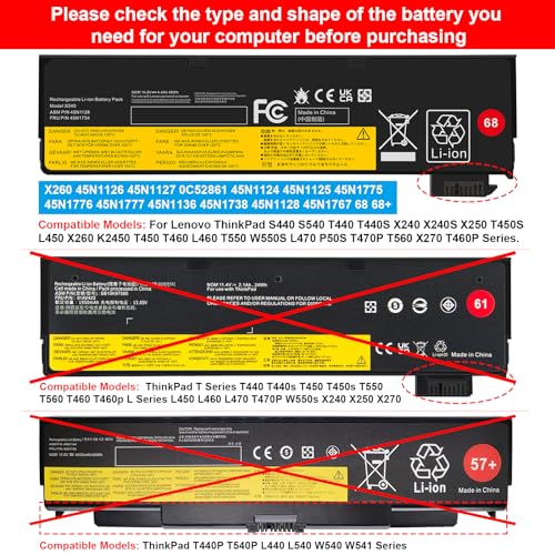 Fancy Buying 0C52861 0C52862 Battery for Lenovo Thinkpad L450 L460 L470 T440 T440s T450 T450s T460 T460P T470P T550 T560 K2450 S440 S540 P50S W550 W550S X240 X250 X260 X270 Series 45N1128 45N1734 - size: 8.11*2.52*0.35inch