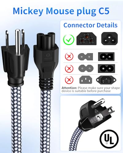 Power Cord,Riksoin 3 Prong AC Power Cable 10FT/3M Nylon Braided Replacement 3 Pin Power Cord for DellHP LG Lenovo Asus Acer Toshiba Laptops/Notebooks,Monitors,Printers,Scanners- Gray - size: 10 feet