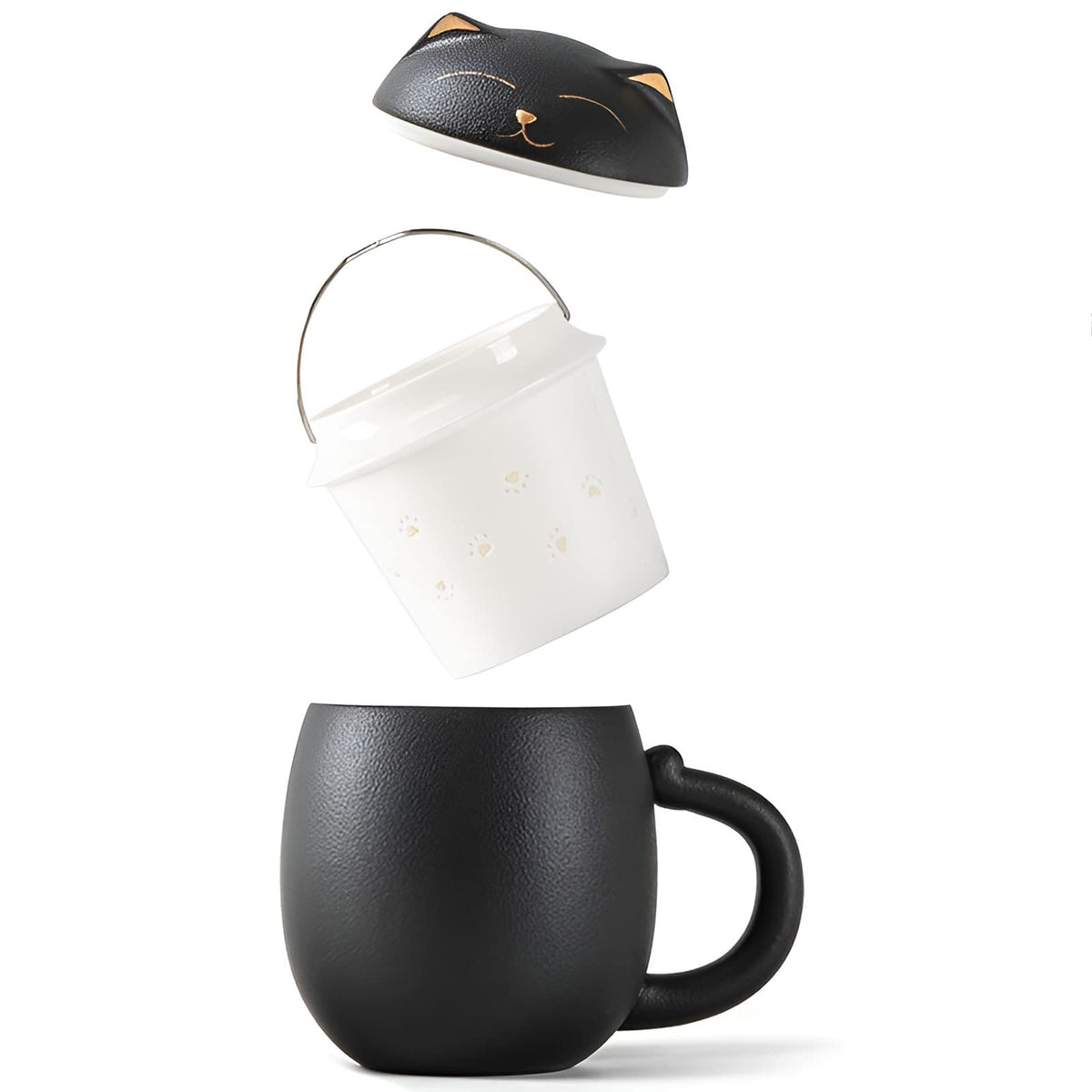 Cat Ceramic Tea Mug with Infuser & Lid Leaf Tea Cup for Home Office(Black)