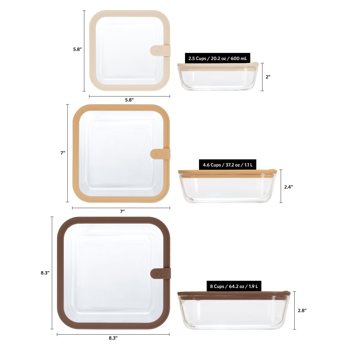 Glad Glass Food Storage Containers, Set of 3 - Airtight Vacuum Sealed Steam Vent Lids - Square Borosilicate Glass Dishes with Ombre Green Lids - Assorted Sizes for Meal Prep & Leftovers, Brown