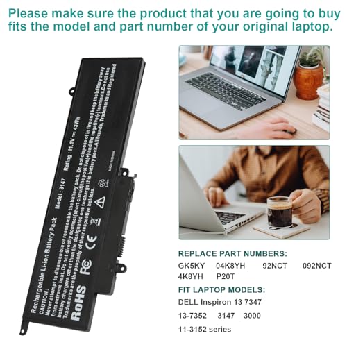 GK5KY Laptop Battery for Dell Inspiron 11 3000 3147 3148 3153 3152 3157 3158 15 7000 7558 7568 13 7353 7359 7347 7348 7352 92NCT 092NCT 4K8YH 04K8YH RHN1C 0WF28 P20T P20T001 P55F P55F001 451-BBKK - size: 7.52*3.54*0.21inch