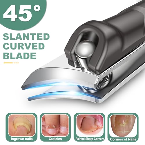 Toenail Clippers for Seniors Thick Toenails, CLPPNA Angled Head Large Toe Nail Clippers Set for Men, Heavy Duty 45° Ingrown Toenail Clippers, 37mm Wide Opening Nail Cutter with Long Handle, 6PCS - style: 6PCS(Ingrown & Angled & Slanted）