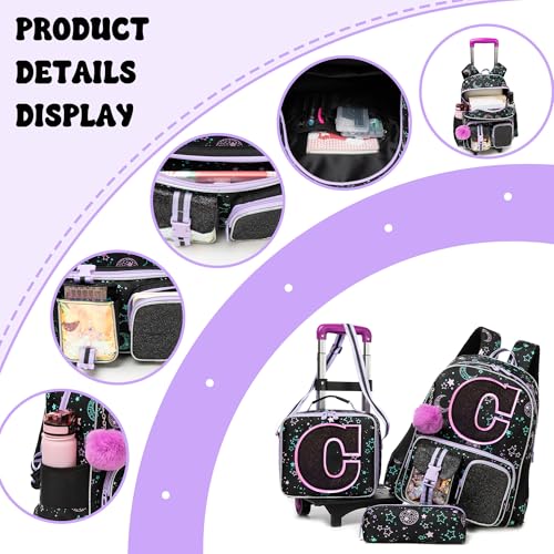 HTgroce Cute Rolling Backpack with Wheel,School Backpack for Kids Girl Roller Schoolbag Wheeled Backpacks Set Carry-on Luggage,Black C - color: Black, style: C