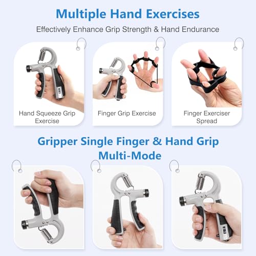 Grip Strength Trainer Kit Adjustable 10-132Lbs Hand Exerciser Counter | Forearm Strengthener, Finger Stretcher, Stress Ball and Bag for Grip Recovery, Wrist Training, Rehab, Climbers and Musicians - color: Gray