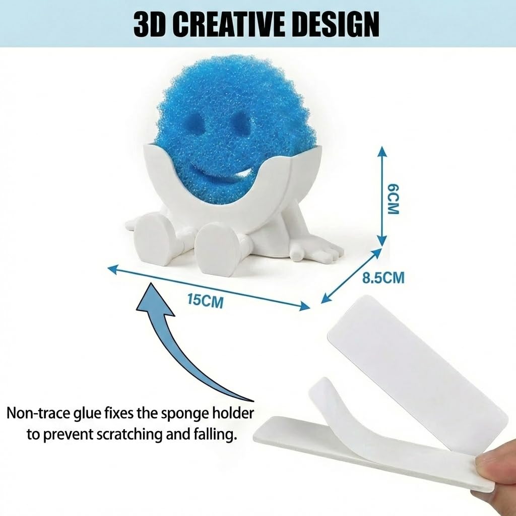 Creative Drainage Sponge Holder: Traceless Glue, 3D Printed Funny Kitchen Sink Holder, Keeps Sponge Dry – for Scrub Daddy (1, White)