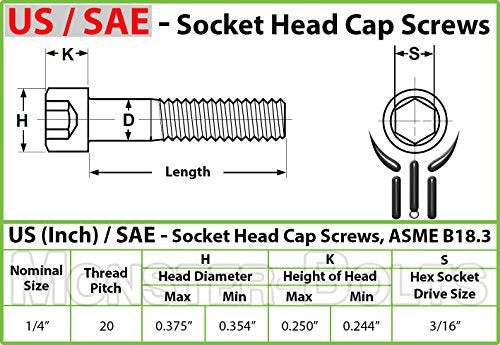 MonsterBolts - 1/4"-20 x 1/2" Socket Head Screws, ASTM A574, Alloy Steel, Black Oxide, 10 Pack - size: 0.5 In. (1/2")