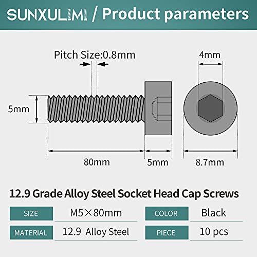 M5 x 80mm Socket Head Cap Screws Bolts 12.9 Grade Alloy Steel Metric Machine Hex Socket Screw, Black Oxide Finish, Fully Threaded, 10PCS - size: M5×80mm