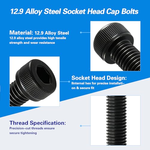 M10-1.5 x 100mm Socket Head Cap Screws, M10x1.5 Bolt, 12.9 Grade Alloy Steel, Allen Socket Drive, Black Oxide Finish, Half Thread, Quantity 6 - size: M10 x 100mm(6PCS)