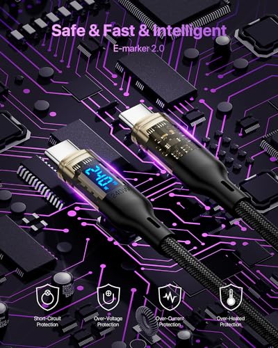240W USB C to USB C Transparent Cable with LED Display Compatible with 140W 100W Fast Charging for MacBook Pro,lPhone 16/15/15Pro/15ProMax,Galaxy S23+/S23Ultra/S22,4ft 2Pack,Black - size: 4Ft 2Pack