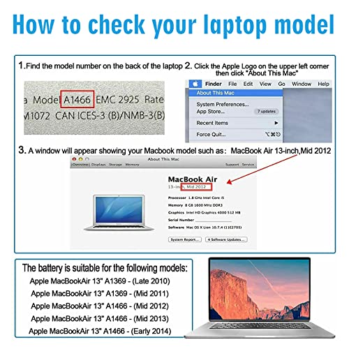 A1405 A1466 Laptop Battery for MacBook Air 13 inch A1466 (Mid 2012,Mid 2013,Early 2014, Early 2015,2017) A1369(Late 2010,Mid 2011 Version) fits A1496 A1377 (EMC :2925, 2469, 2559, 2392) [Upgraded 3.0] - size: 11.5*5.39*0.2inch
