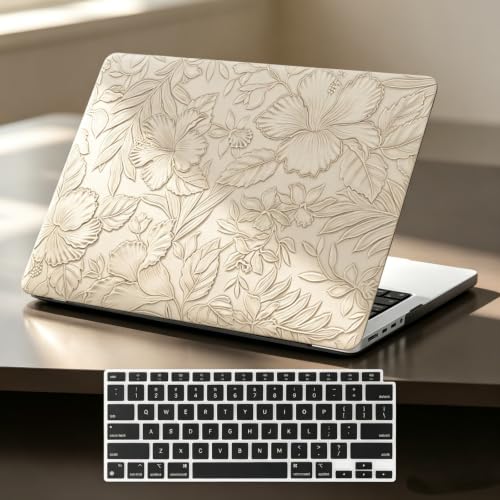 Floral Case for MacBook Pro 14 inch M5 2026-2021 M4 M3 M2 M1 Chip, Apricot | Vintage Flowers Textured Leather Hard Case+Keyboard Cover, Model A3426 A3427 A3434 A3112 A3185 A3401 A2918 A2992 A2779 A2442 - color: #2 Apricot