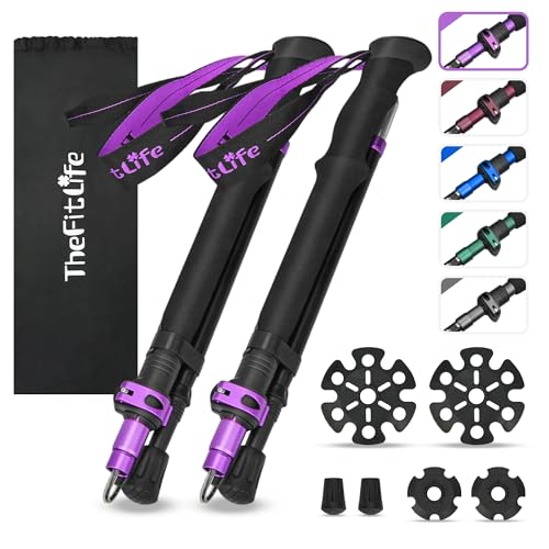 TheFitLife Collapsible Trekking Poles for Hiking – Lightweight Folding Walking Sticks for Men and Women with Extra-Long Foam Handle and Metal Flip Lock - color: Purple, size: 115-135cm for Users 5'8" or above