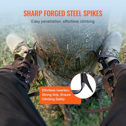 VEVOR Tree Climbing Spikes, 1 Pair Height-Adjustable Climbing Spurs, 350lbs Load Capacity Tree Climbing Gear with Straps, Arborist Equipment for Climbers, Hunting, Fruit Picking - color: Brown (Basic)