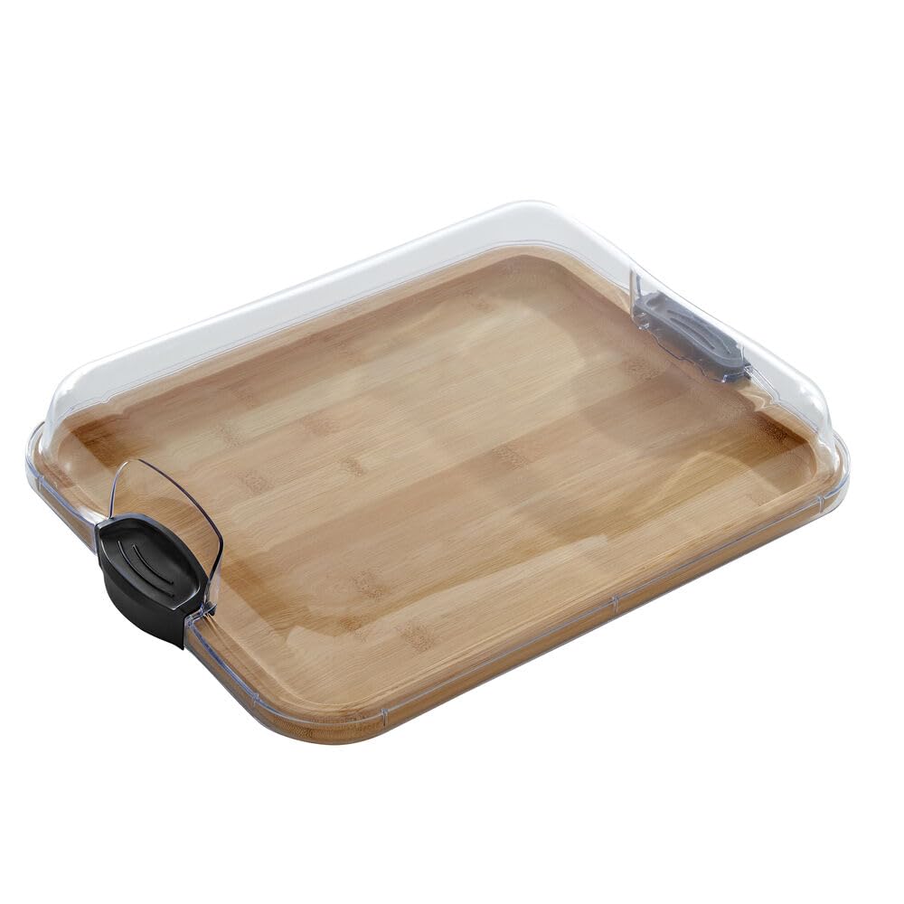 Farberware Bamboo Cutting Board with Clear Locking Lid, 11x14 Inch Charcuterie Board with Handles - Reversible Serving Board for Cheese, Meats, Snacks and More