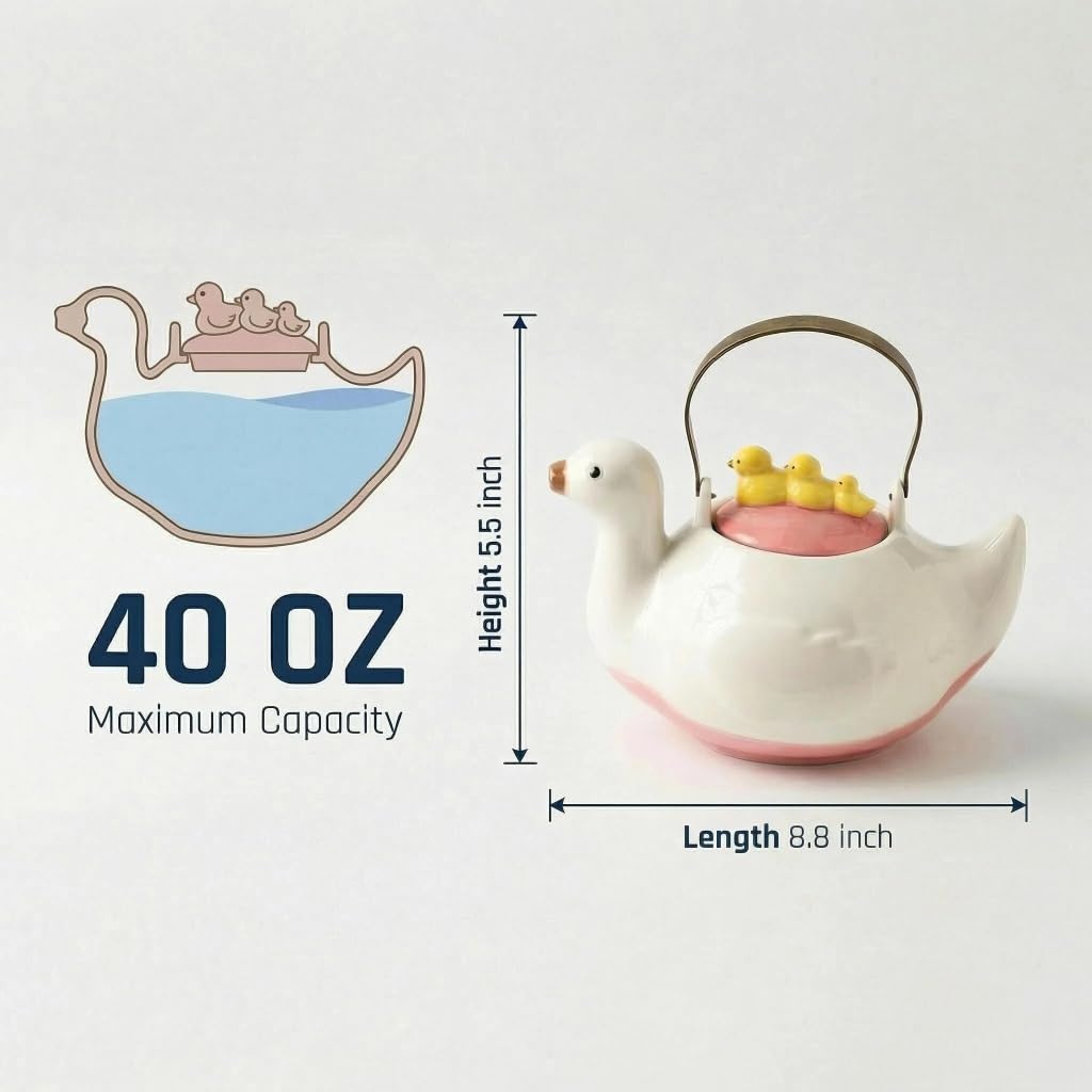 WUYIAZHI Cute Duck Ceramic Teapot, 40 oz, Iron Handle