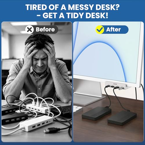 EJAY Clamp USB Hub 5-in-1 USB C Hub 59" Cable for iMac & PC | | Aluminum | Mountable Splitter | Desktop Edge Fixed Hub | Home Office Setup - color: Silver