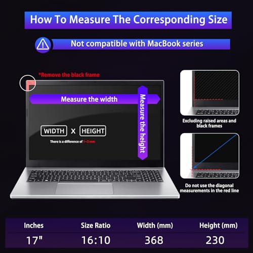 17" Privacy Screen Computer for 16:10 Aspect Ratio, 2-Sided Removable Anti-Peeping/Anti-Glare, Blue Light Block, UV Protect, Reduce Strain, Anti-Scratch, Fits 17-inch 16:10 Protector Film - size: 17inch 16:10