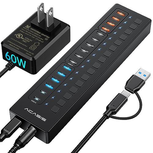 Powered USB 3.0 Hub, ACASIS 16 Port USB Hub Powered(Include 2*USB C 3.0+4 Smart Charging Port) with 60W Power Adapter, Support Wall Mount, USB Hub for PC Laptop, Mac, Printer, Camera