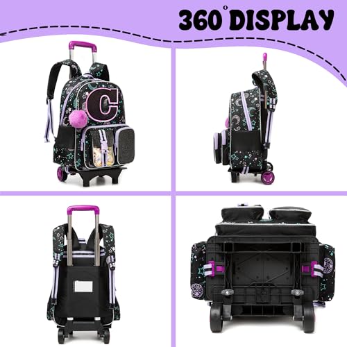 HTgroce Cute Rolling Backpack with Wheel,School Backpack for Kids Girl Roller Schoolbag Wheeled Backpacks Set Carry-on Luggage,Black C - color: Black, style: C