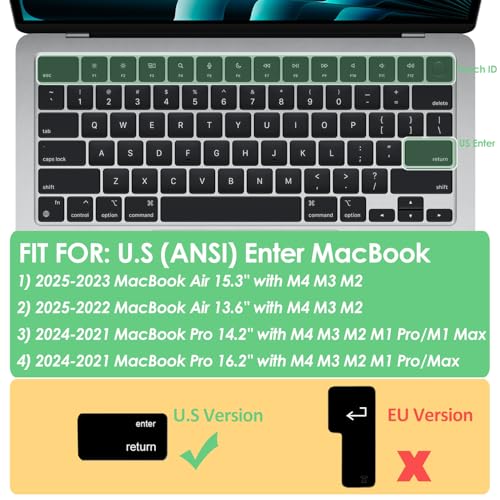 ProElife Keyboard Cover Skin for MacBook Air 13/15 Inch M5 M4, Transparent | US Enter, Ultra Thin (0.13 mm), TPU Protective Skin, Easy to Apply, Washable & Reusable, Dust-proof, Precision Molded - color: Transparent
