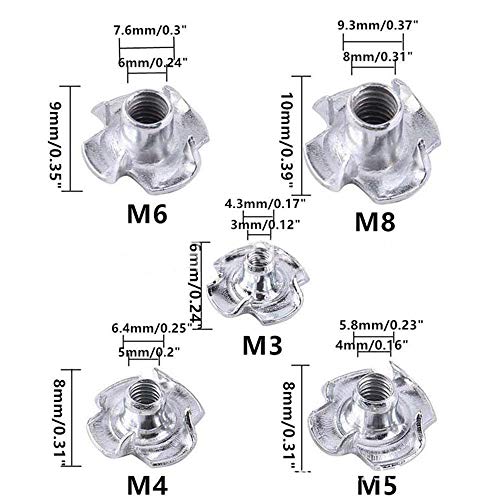 120 Pcs M3 M4 M5 M6 M8 Zinc Plated Carbon Steel T-Nuts Four Claws Nut Assortment Kit for Wood, Rock Climbing Holds, Cabinetry, Furniture