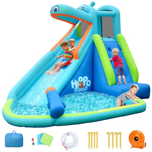 OLAKIDS Inflatable Water Slide, Hippo Themed Bounce House Water Park with Slide Splash Pool Climbing Wall Water Gun, Outdoor Inflatable Obstacle Course Jumping Castle for Kids Backyard with Blower - style: with 680W Blower