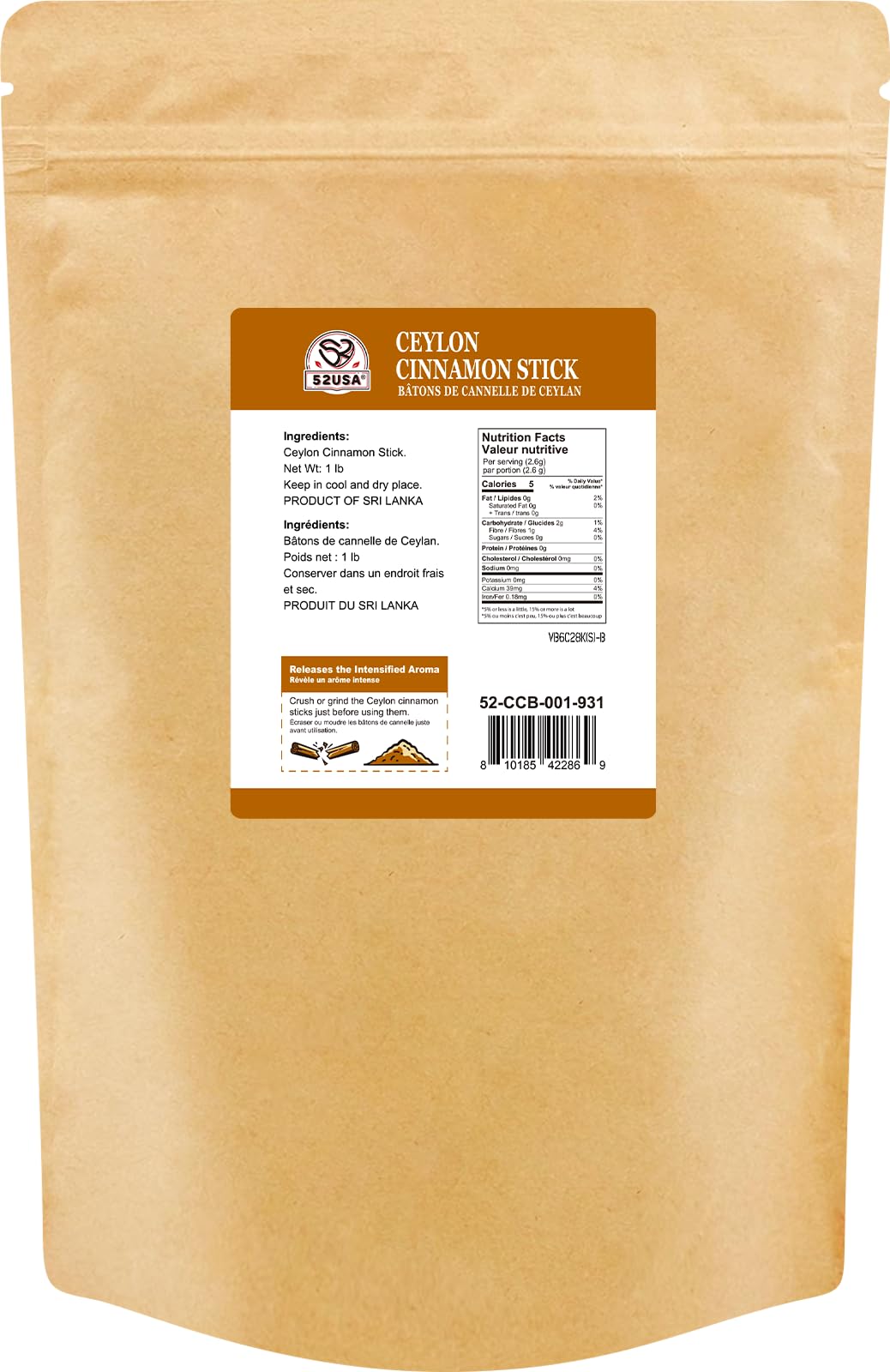52USA Ceylon Cinnamon Sticks – 1 lb Whole Cinnamon, Non-GMO & Kosher, True Ceylon from Sri Lanka for Baking, Cooking & Beverages