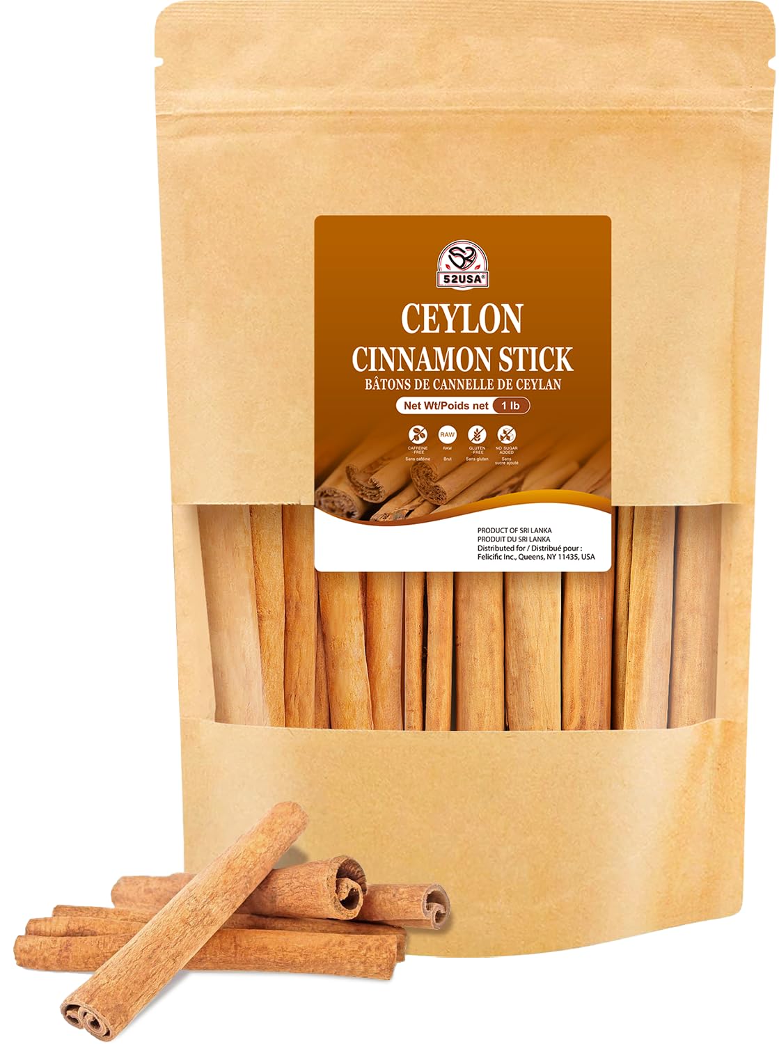 52USA Ceylon Cinnamon Sticks – 1 lb Whole Cinnamon, Non-GMO & Kosher, True Ceylon from Sri Lanka for Baking, Cooking & Beverages