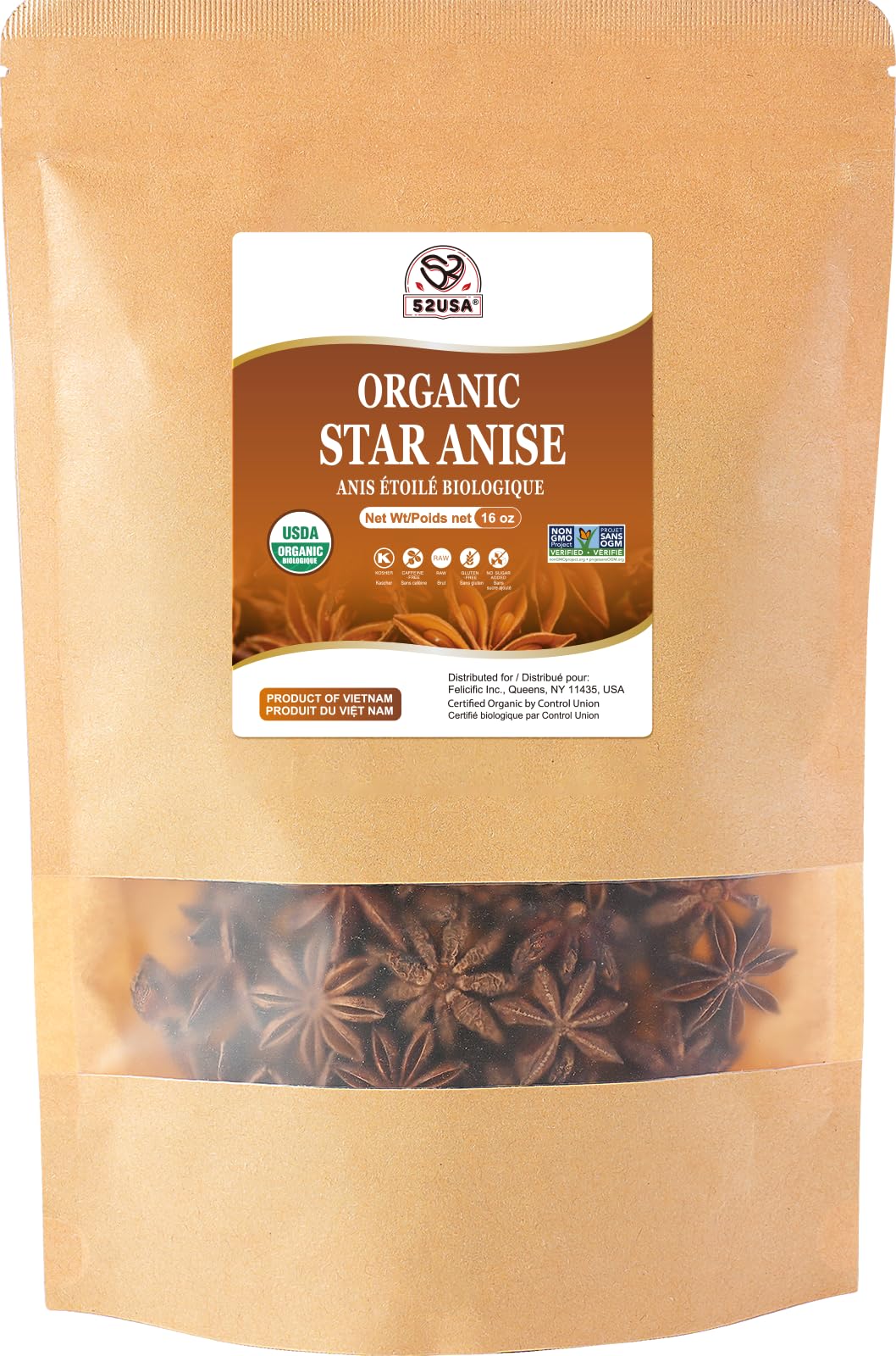 52USA Organic Star Anise, 16 Ounce, NON-GMO Verified Chinese Whole Star Anise Pods