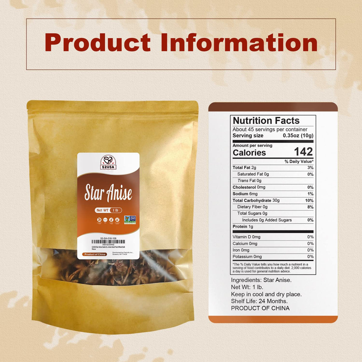 52USA Star Anise, 16 oz — Non-GMO Verified Whole Chinese Star Anise for Tea & Baking