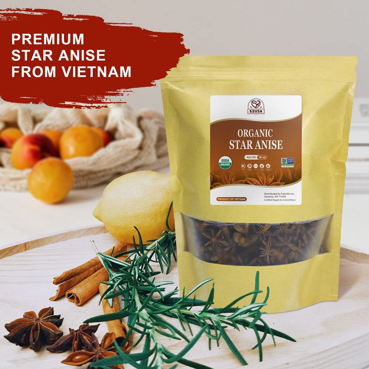 52USA Organic Star Anise, 16 Ounce, NON-GMO Verified Chinese Whole Star Anise Pods